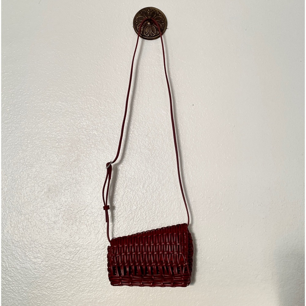 STAUD Rio Woven‎ Leather Crossbody Bag Burgundy Red Asymmetric Basket Bag